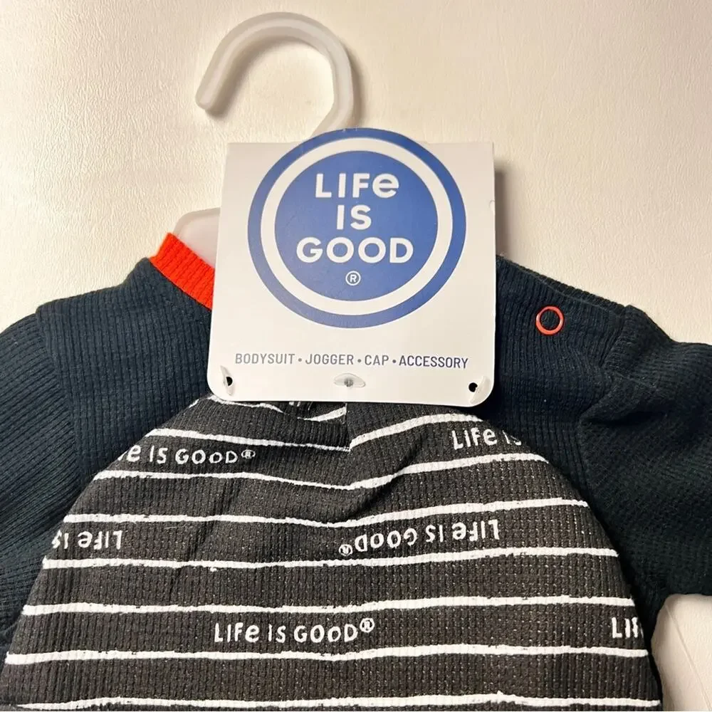 Life Is Good Baby Three Piece Bodysuit Jogger Cap Matching Set Sz 0/3 M